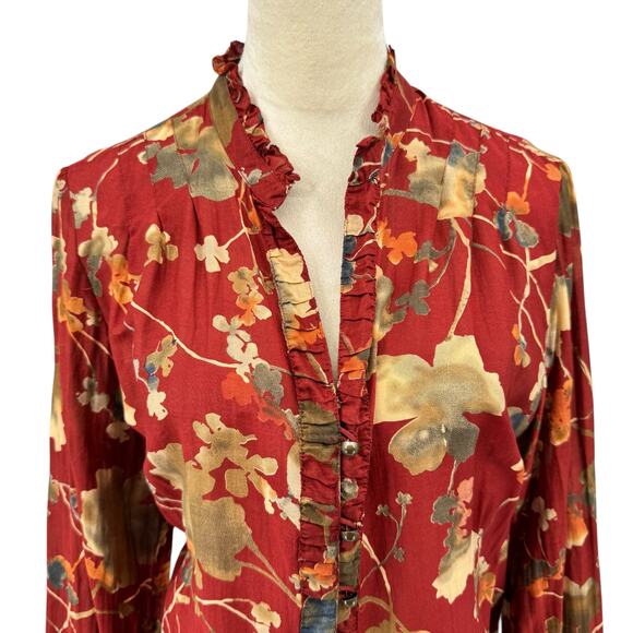 Coldwater Creek Red Floral Print Cotton Silk Blend Long Sleeve Lightweight Top - Picture 4 of 13